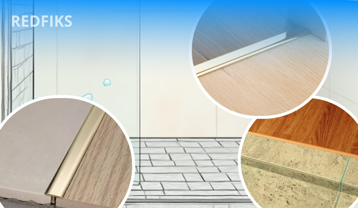 Примеры порогов для ванной комнаты: металлический стык между покрытиями пола, показанный на нескольких крупных фрагментах