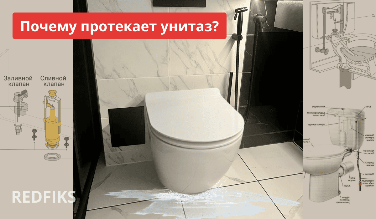 Современная ванная комната с подвесным унитазом и протечкой воды на полу, рядом с которой размещены технические схемы компонентов унитаза.