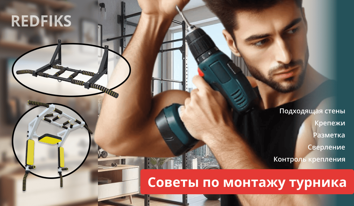 Мужчина устанавливает турник с помощью электродрели; на врезках показаны различные конструкции турников.