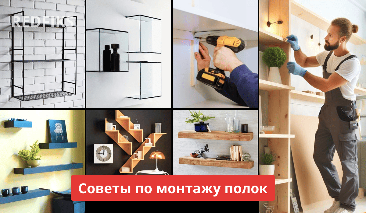 Коллаж различных конструкций полок и способов их установки.