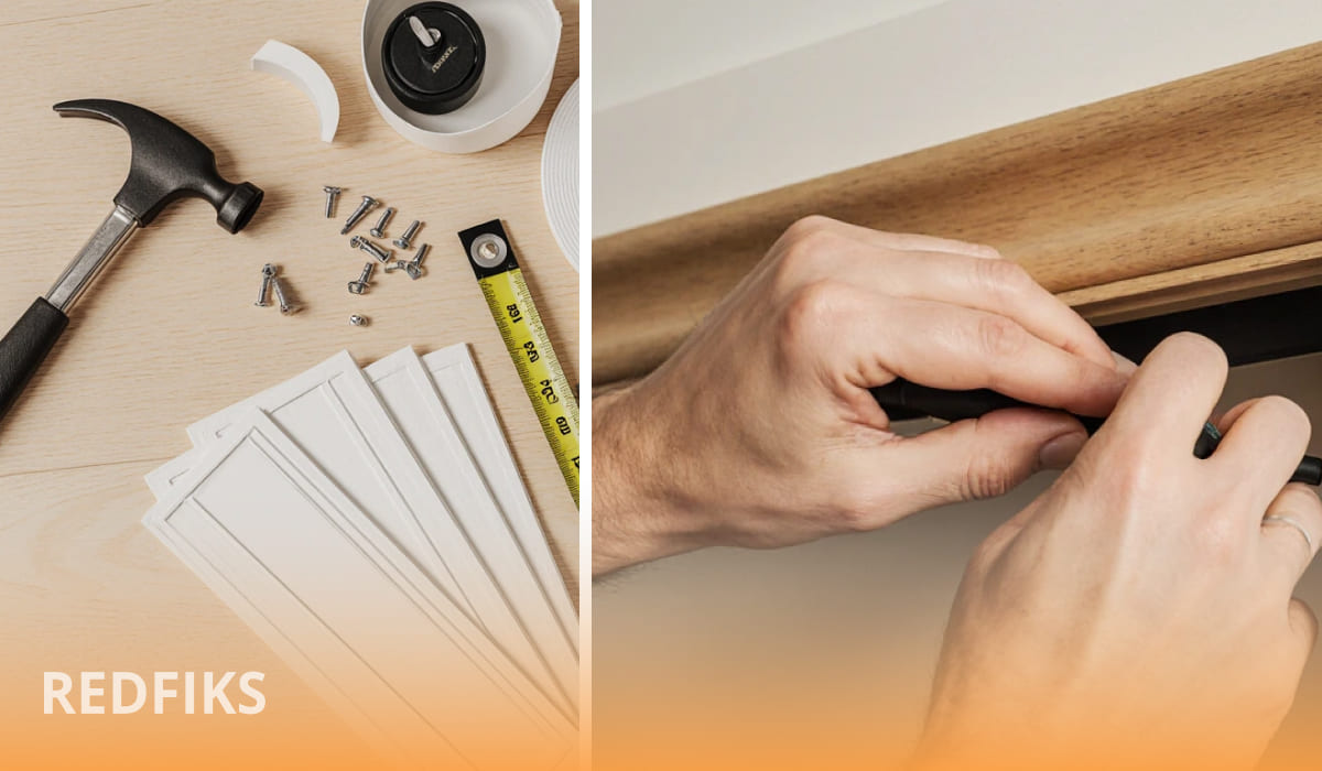 Слева — инструменты для монтажа наличников (молоток, саморезы, рулетка, шаблоны, крепёж), справа — руки мастера прикручивают деревянный наличник к дверному косяку.