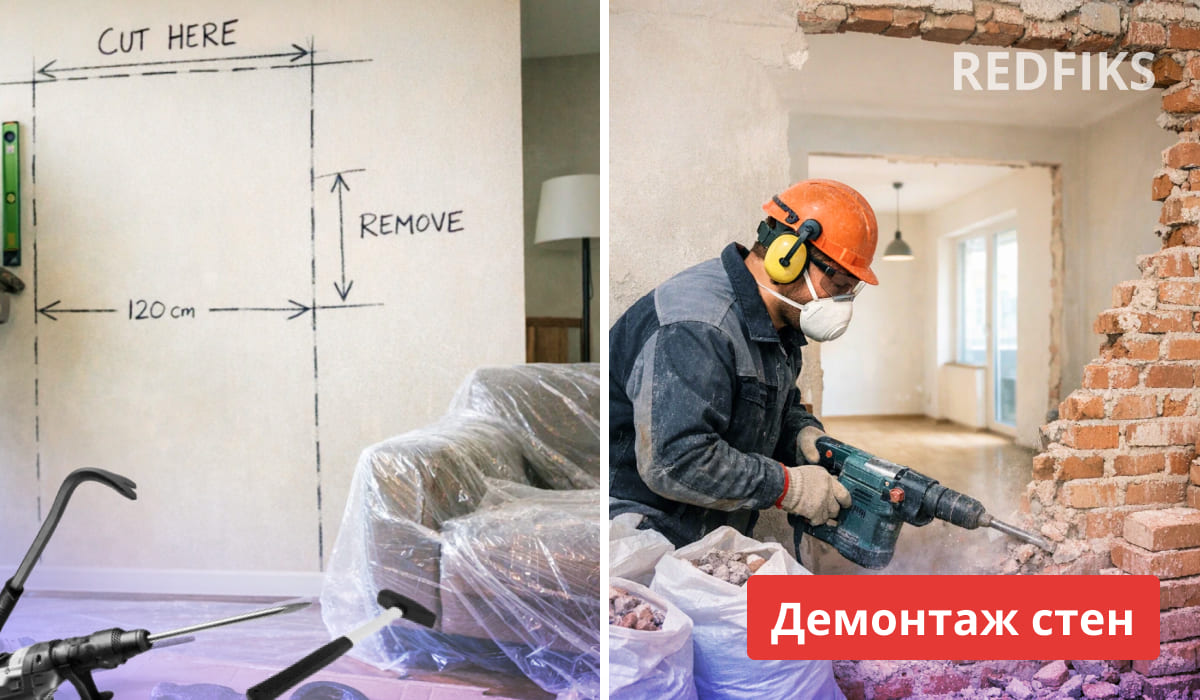 Демонтаж кирпичной стены. На стене надпись мелом: "CUT HERE REMOVE 120 cm" и "Демонтаж стен".
