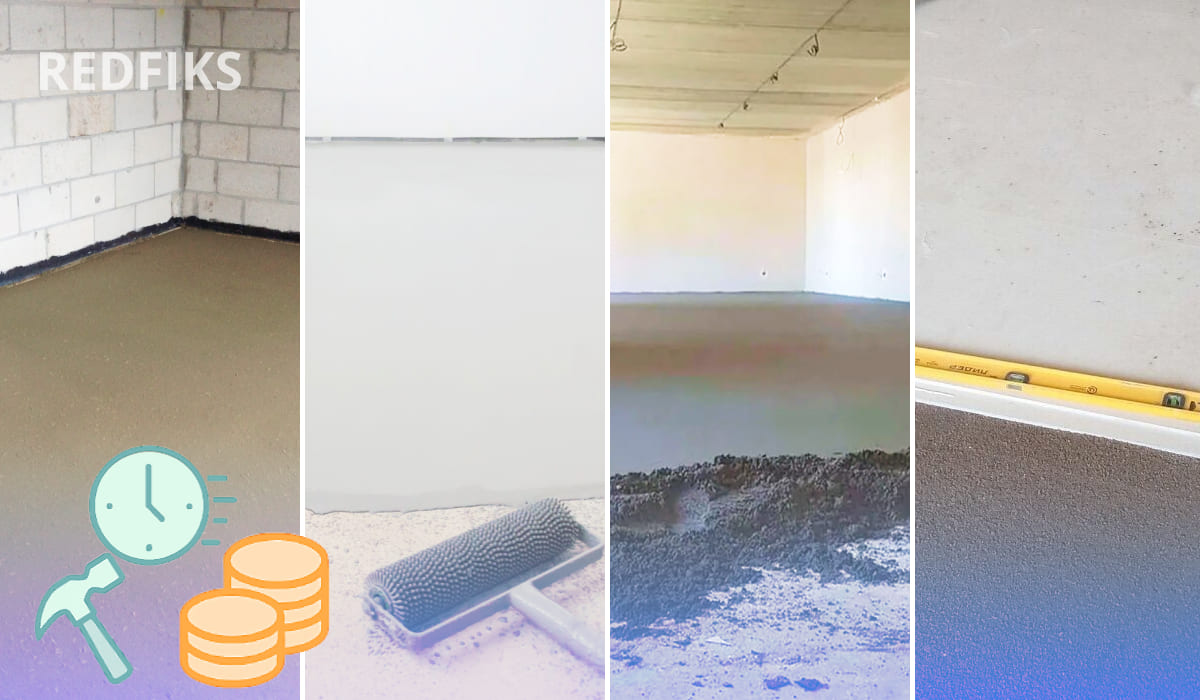 Четыре этапа устройства стяжки пола: готовая поверхность, нанесение раствора валиком, заливка бетона и проверка уровнем. В левом нижнем углу — иконки часов, монет и молотка, символизирующие скорость и выгоду ремонта.