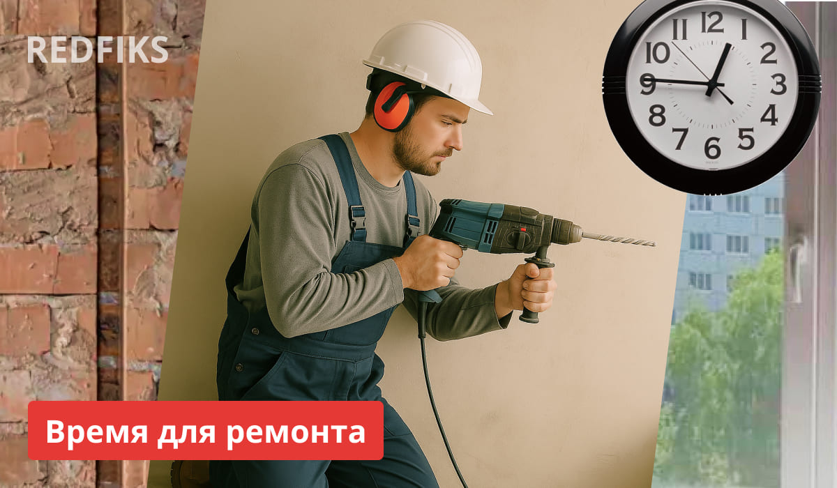 Мастер по ремонту штробит стену перфоратором, на заднем плане часы показывают 10:10.