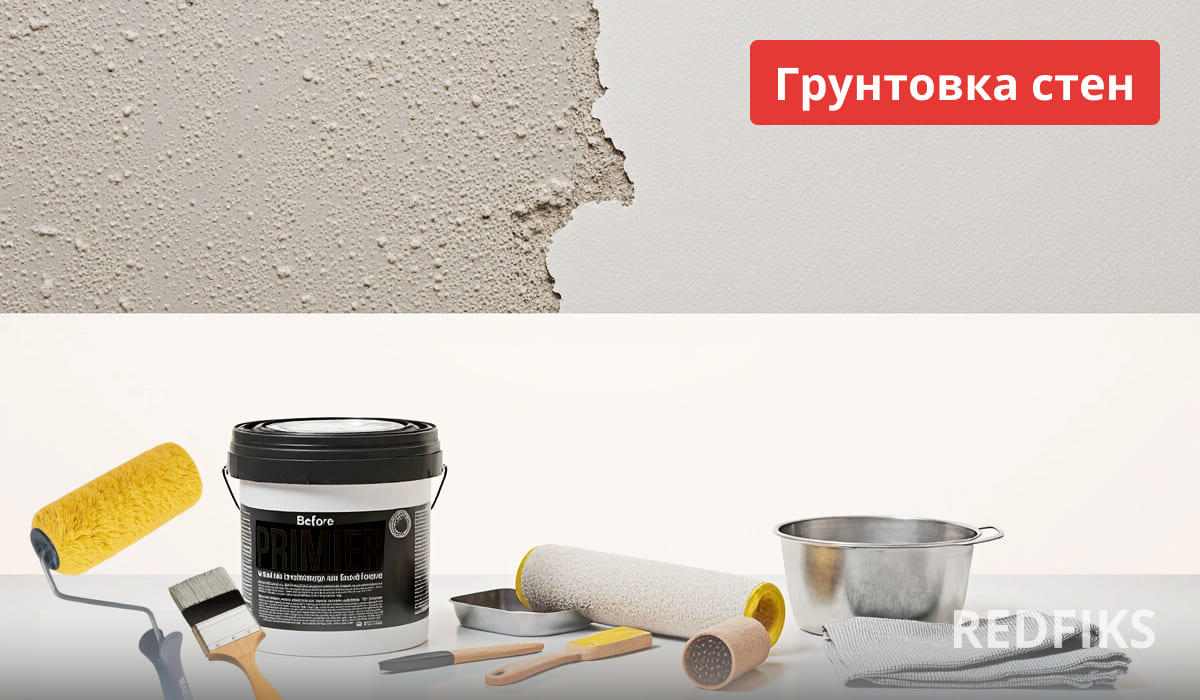 Процесс грунтовки стен: ведро с грунтовкой, малярные валики и кисти на фоне стены до и после обработки