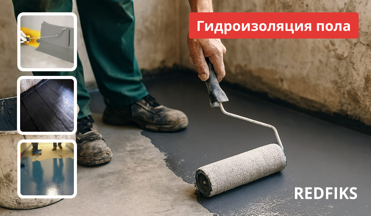 Мастер наносит валиком жидкую гидроизоляцию на бетонный пол, слева коллаж из этапов работ.