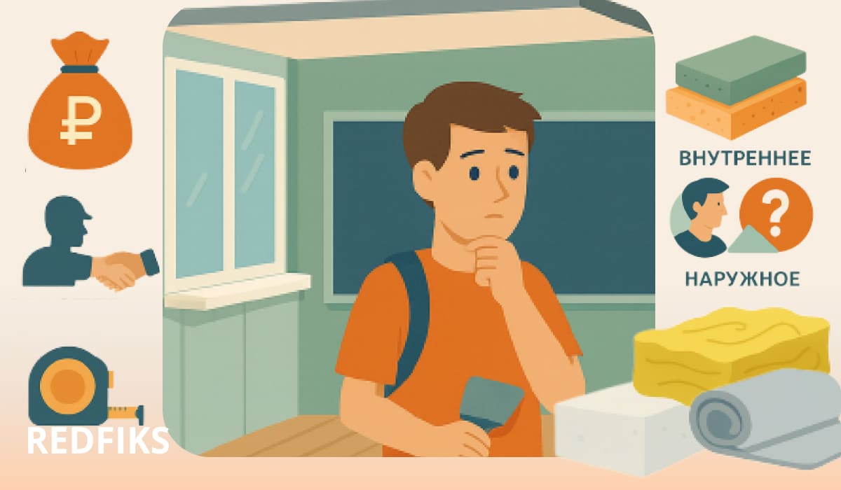 В центре — молодой человек с рюкзаком и шпателем в руке, он стоит на балконе и задумчиво выбирает, чем утеплять.