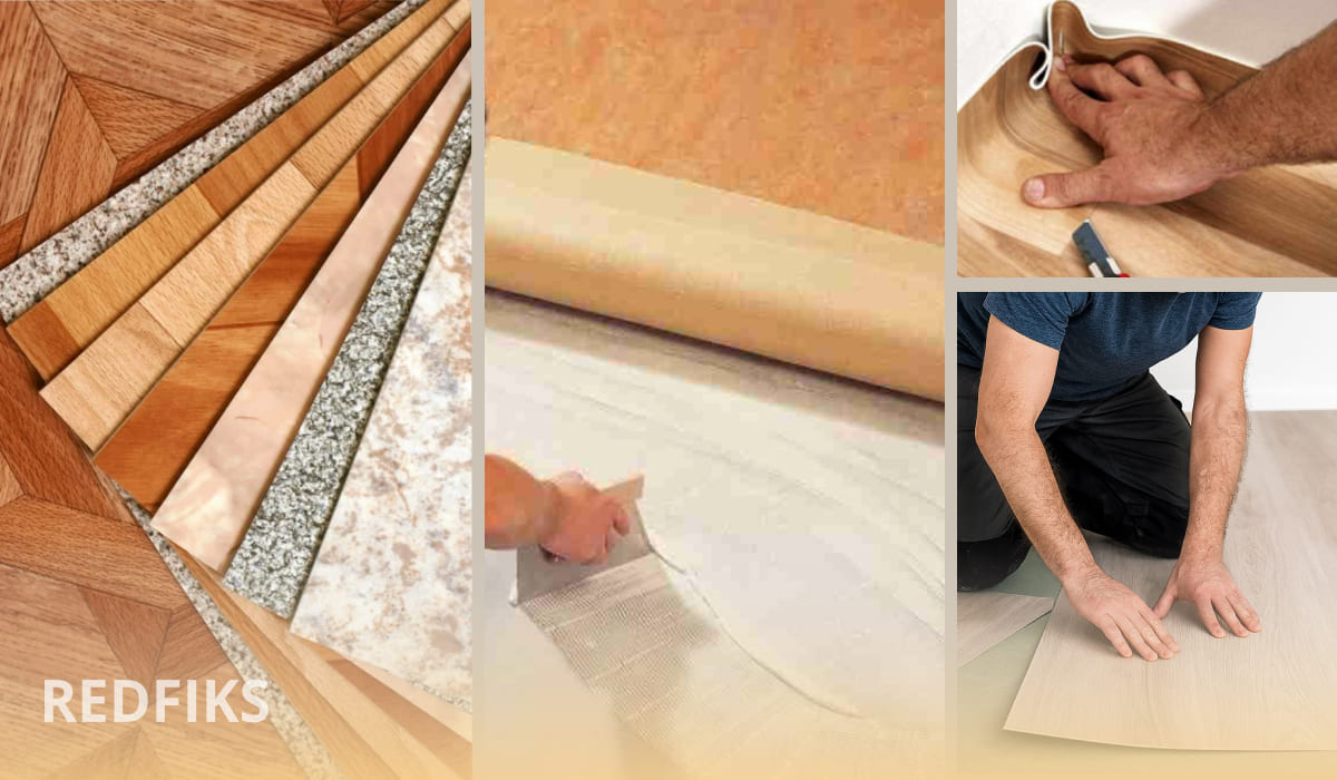 Набор образцов линолеума разных расцветок и текстур, а также процесс укладки линолеума и нарезки покрытия мастерами. На фото показаны руки и инструменты.