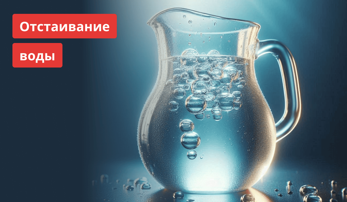 Стеклянный кувшин, наполненный водой и пузырьками на бирюзовом фоне с кириллическим текстом слева
