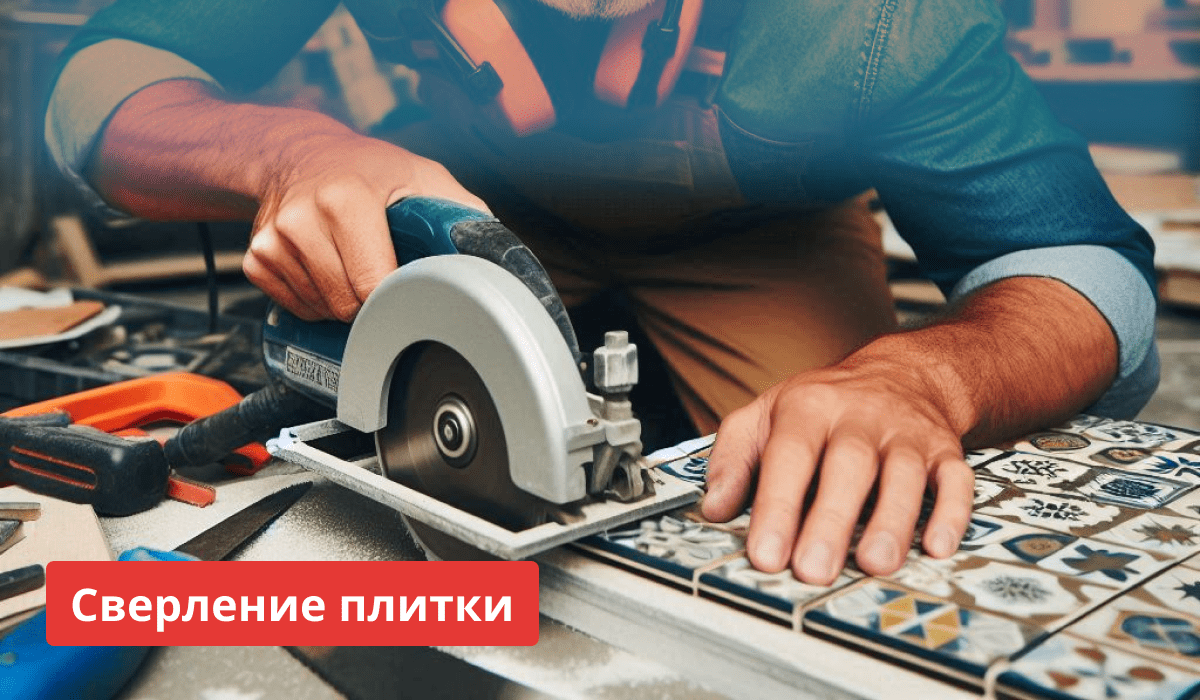 Человек использует дисковую пилу для резки узорчатой керамической плитки.